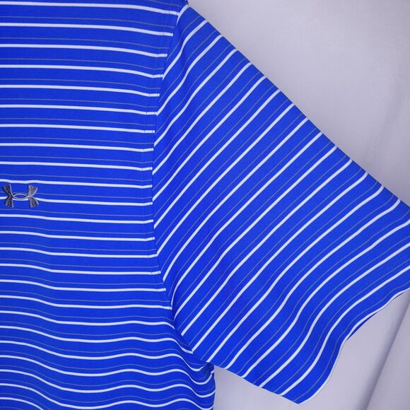 Under Armour Polo Shirt Mens Large Striped Blue White Performance Loose HeatGear - Picture 4 of 12
